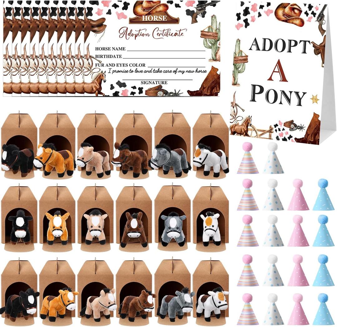 Cinnvoice 73 Pcs Adopt a Horse Party Supplies, 18 Stuffed Horse Centerpiece 18 Foldable Boxes 18 Cute Birthday Hats 18 Adoption Certificates Card 1 Adoption Sign for Adopt a Pony Party Decoration