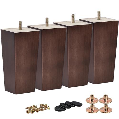 TCHOSUZ 10 Inch / 25 cm Wooden Furniture Legs, Set of 4 Solid Wood Mid-Century Modern Pyramid Replacement Feets with 5/16 inch Bolt & Rubber Floor Protectors for DIY Ottoman TV Stand Walnut