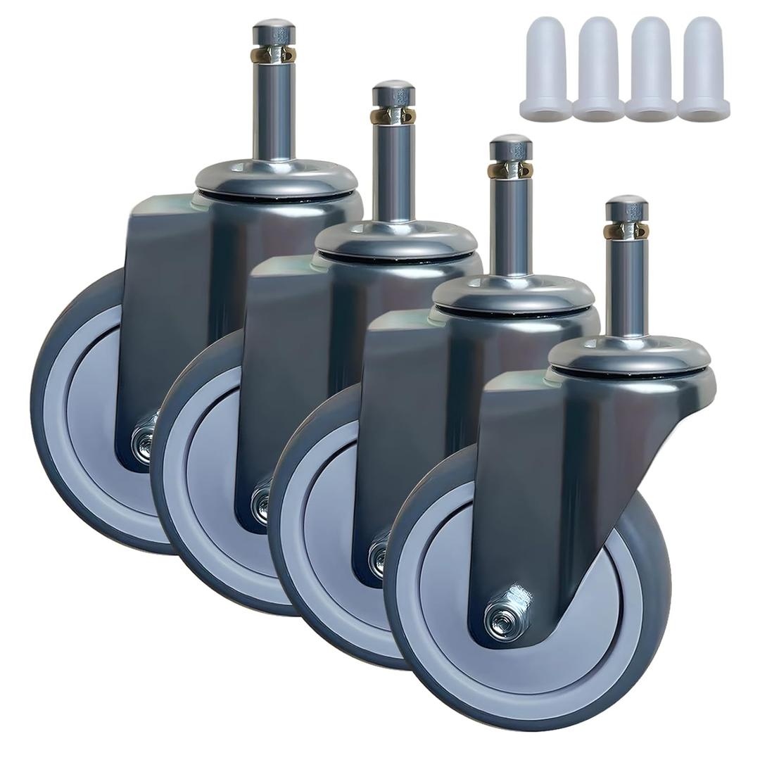 Heavy Duty 4 Inch Swivel Caster Wheels - Quiet Rubber Stem Casters Set of 4 with 7/16 Inch Threaded Stem - for Workbench, Cart, Furniture, Trolley
