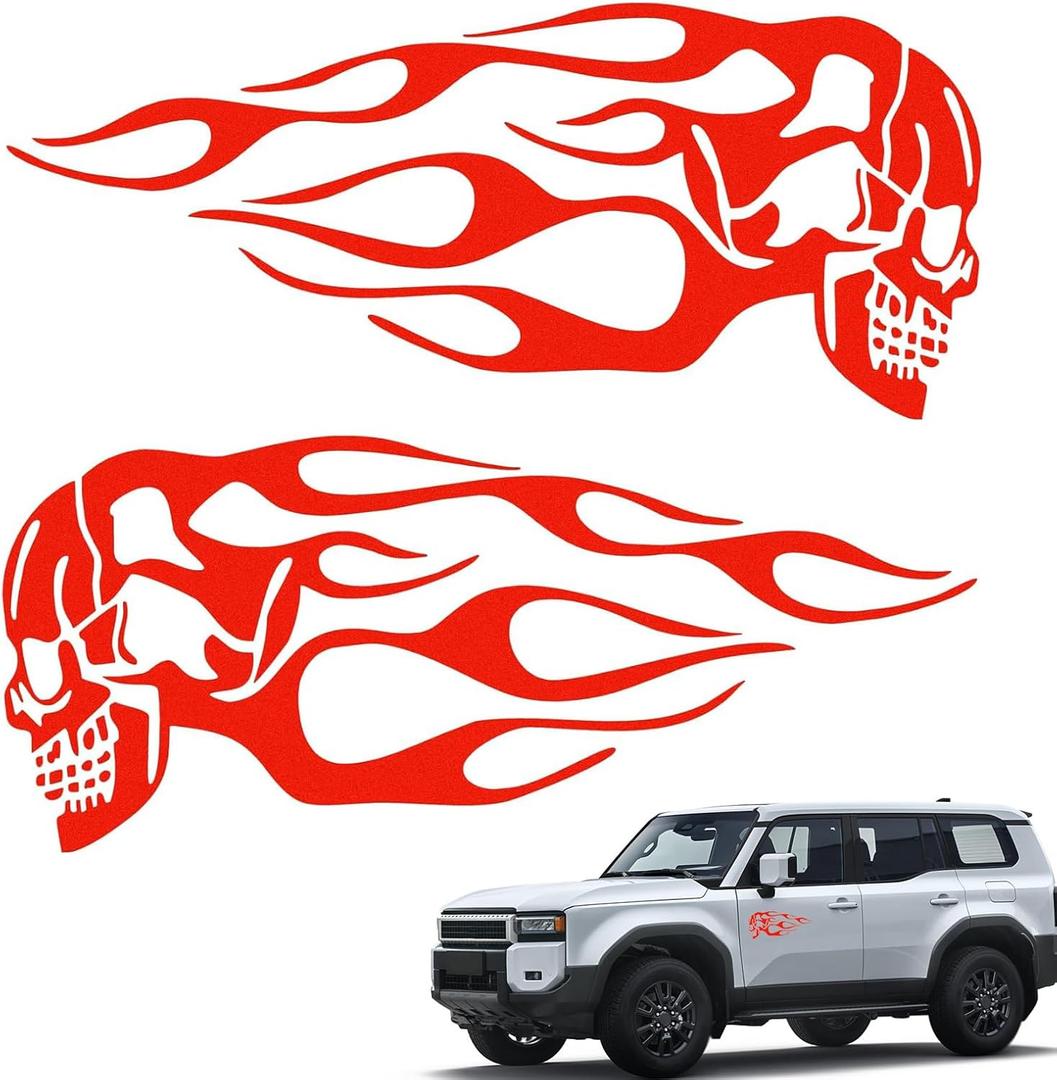 Skull Flame Body Decals, 9.84" x 3.93" PET Halloween Atmosphere Stickers, Personalized Creative Decorative Accessories, Suitable for Most Cars and Motorcycles (Red)