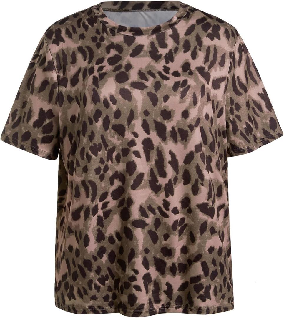 Women's Summer T Shirt Casual Cheetah Print Short Sleeve T Shirt Vintage Tee Top Streetwear (Brown, L)