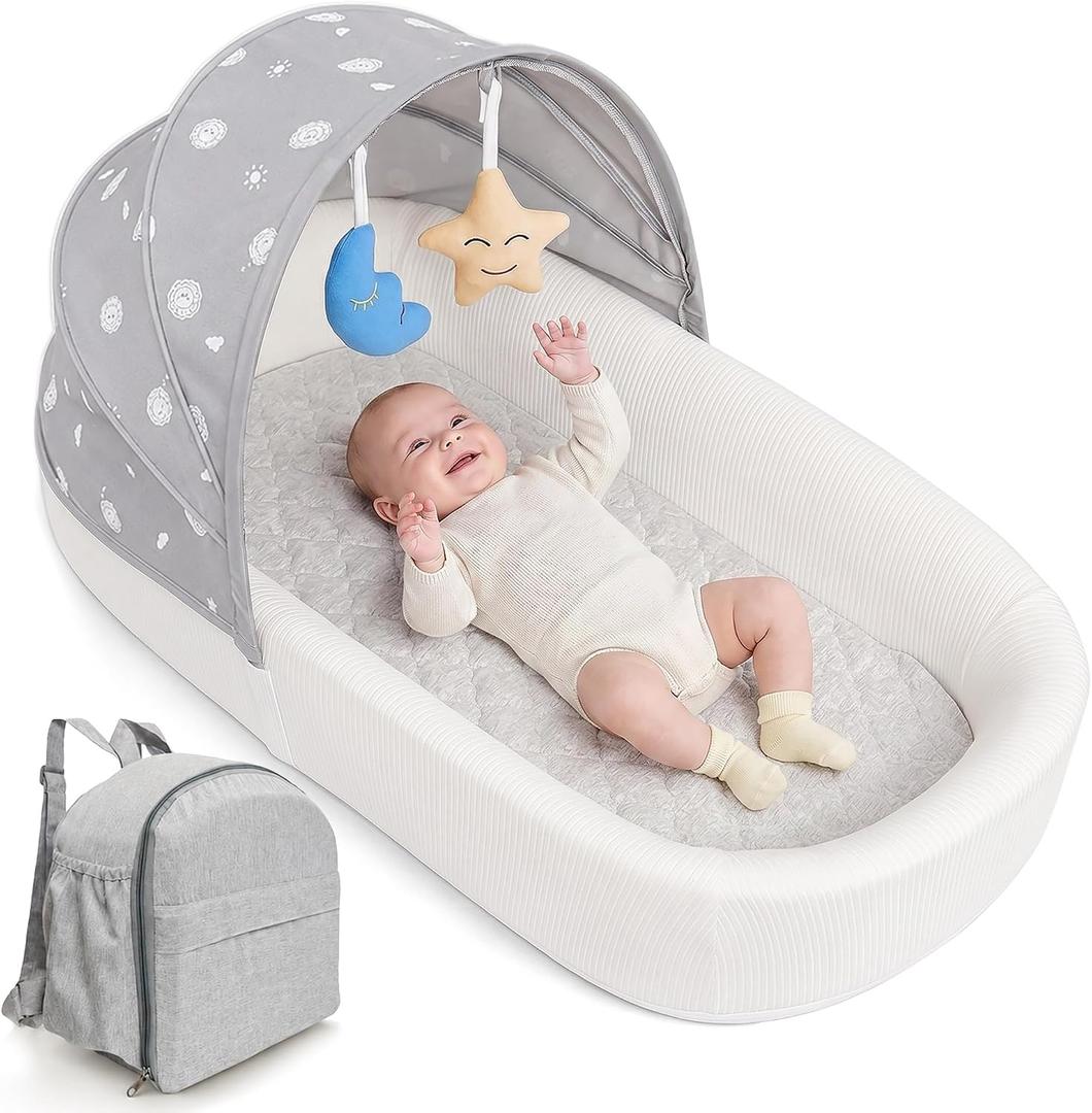 Portable Newborn Nest Lounger with Canopy & Mosquito Net-Lightweight Foldable Newborn Play Support & pad and Washable Cover, Indoor-Outdoor Use (Grey)