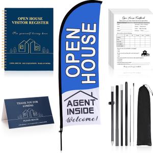 Buryeah 153 Sets Open House Signs for Real Estate Agents Including 1 Open House Feather Flag and Pole Kit 1 Pcs Visitor Guest Register Notepad 1pcs Tent Card and 150 Pcs Feedback(Blue)