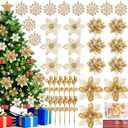 59Pcs Christmas Tree Decorations Set, Gold Plastic Shatterproof Hanging Ornaments w/Artificial Poinsettia Flowers, Glitter Berries Stems, Snowflakes for Indoor Home Xmas Holiday Party Decor