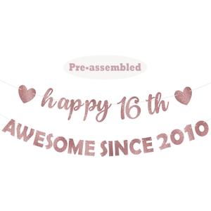 Eucutur Pink Rose Gold Sweet 16 Party Decorations for Girls Women, Pre-Strung Giltter Awesome Since 2010 16th Birthday Banner Party Supplies, Sixteen Years Old Hanging Banner Photo Props Decor Sign