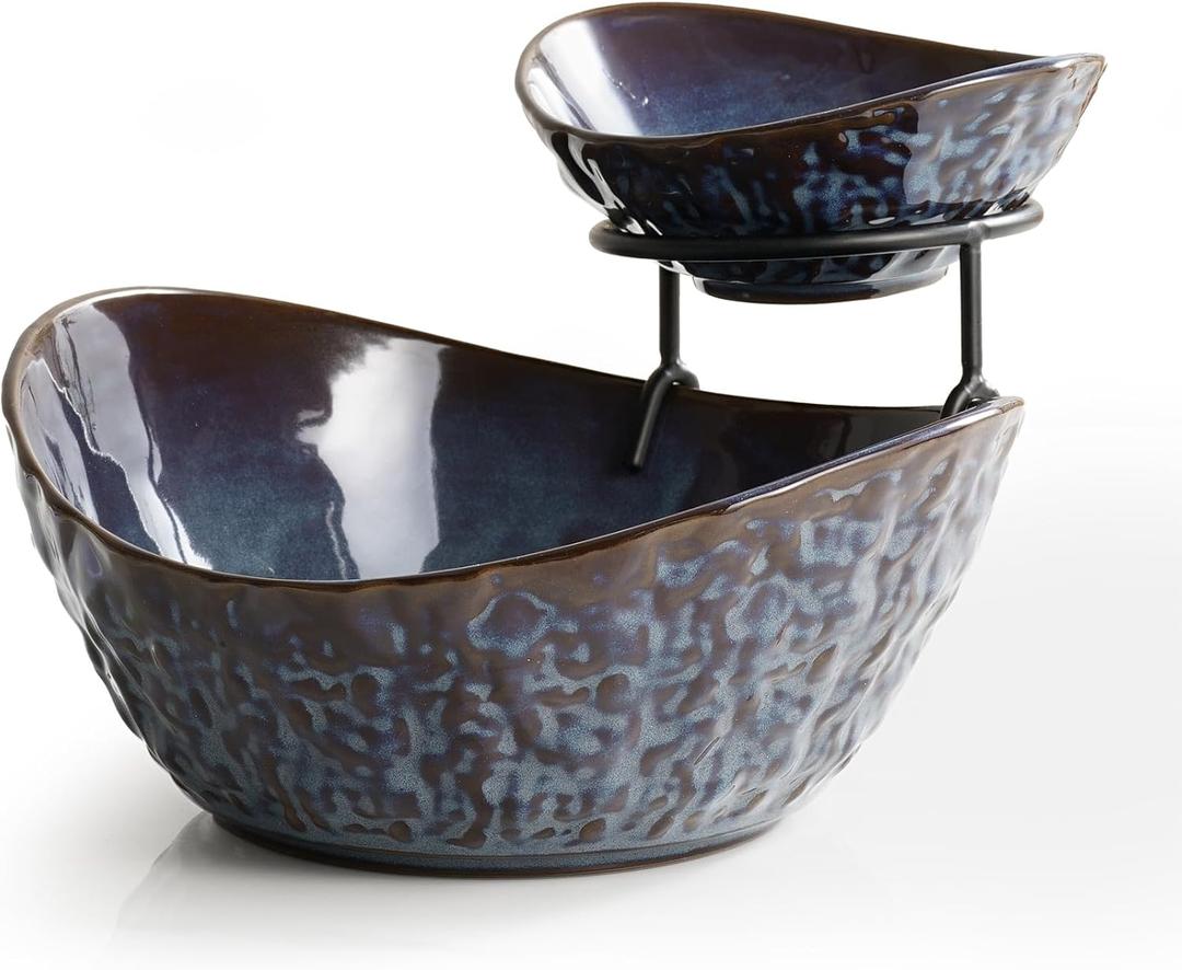 Fruit Bowl for Kitchen Counter, 2 Tiered Oval Bowls with Metal Stand Porcelain Tiered Fruit Basket for Party Tiered Serving Stand for Fruit, Salad, Candy, Snacks, Blue (Large+Small)