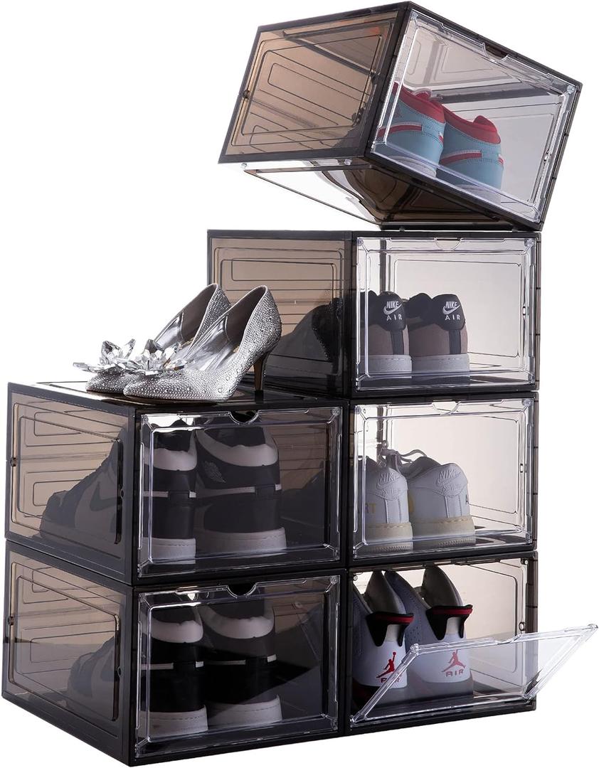 Attelite Shoe Box,Set of 6,Stackable Plastic Clear Shoe Box Organizer with Magnetic Door,Shoe Storage Box Thicken Sturdy,Easy Assembly,Fit up to US Size 12,Black (XL-6-pcs, Clear Black)