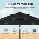 Kingdura 10ft 3-Tier Patio Umbrella with Solar Lights, Table Umbrella Outdoor Patio with Easy Crank & Tilt, 8 Sturdy Ribs, UV Protection, 32 LED Lights for Deck, Poolside, Market (Black)