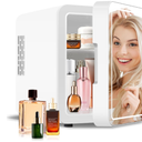 Portable Mini Fridge for Skincare Beauty Cosmetic Makeup, 4-Liter Thermoelectric Cooling and Warming Skin Care Refrigerator With Mirrored Door and Dimmable LED Light, White
