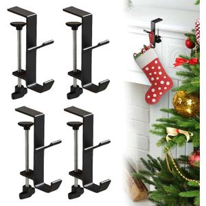 Garland and Stocking Mantel Holders with 2 Hooks, Mantel Hanger for Garland, 2 in 1 Mantel Garland and Stocking Hangers Heavy Duty, Fireplace Garland Hanger for Xmas Decoration (4Black)