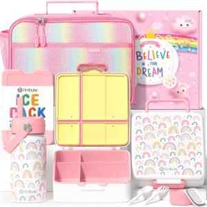 Fimibuke Kids Bento Lunch Box with 4 Compartments, Insulated lunch Bag, Stainless Steel Insulated Water Bottle, Ice Pack & Utensils Set, Birthday Gifts for Ages 3-12 Back to School Toddler Girls Boys (A10. Rainbow)