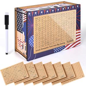 Cash Vault Wooden Savings Box, Piggy Bank for Adults & Kids, Wooden Cash Vault with 7 Stickers, Money Saver Box for 10k Smash Goals, Flag Design 10000 Savings Challenge Box (Pack of4)