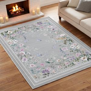 Artoid Mode Grey Butterfly Flower Spring Area Rug, Summer Home Decor Low-Profile Non-Slip Washable Large Rug for Living Room Bedroom Farmhouse Dining Room Kids Playroom 5x7 Feet