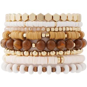 GOOJIDS Surfer Heishi Clay Bead Bracelets for Women Bohemian Stackable Gold Beaded Stretch Bracelets Elastic Layering Friendship Bracelets Set Boho Jewelry (X-Light Brown Set)