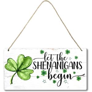 St. Patricks Day Decorations - Home Decor Hanging Door Sign Rustic Wall Decor with Shamrock for Office, Party Accessories - Let the Shenanigans Begin