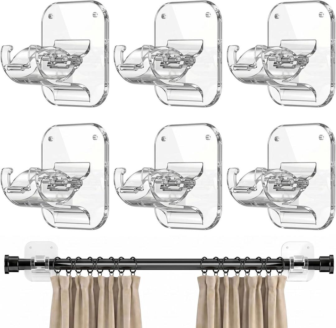 No Drill Curtain Rod Brackets - 20LB, 6 Pack Self Adhesive Curtain Rod Holder, Peel and Stick Wall Hooks, Renter Friendly Upgrades for Apartment, Kitchen, Bathroom, Dorm, Living Room and RV