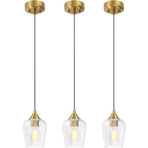 VONLUCE Pendant Lights Kitchen Island, Brushed Gold Pendant Light Fixtures with E26 Base & Adjustable Cable, Modern Pendant Lighting with Glass Shade for Living Room Bedroom Hallway, 3 Packs