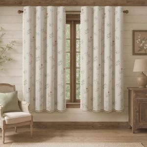 XOGUIBO Boho Floral 100% Blackout Curtains 63 Inch Length 2 Panels Set, Linen Texture Farmhouse Curtains Beige Tassel for Living Room Bedroom Vintage Rustic Patterned Printed Western Rod Pocket
