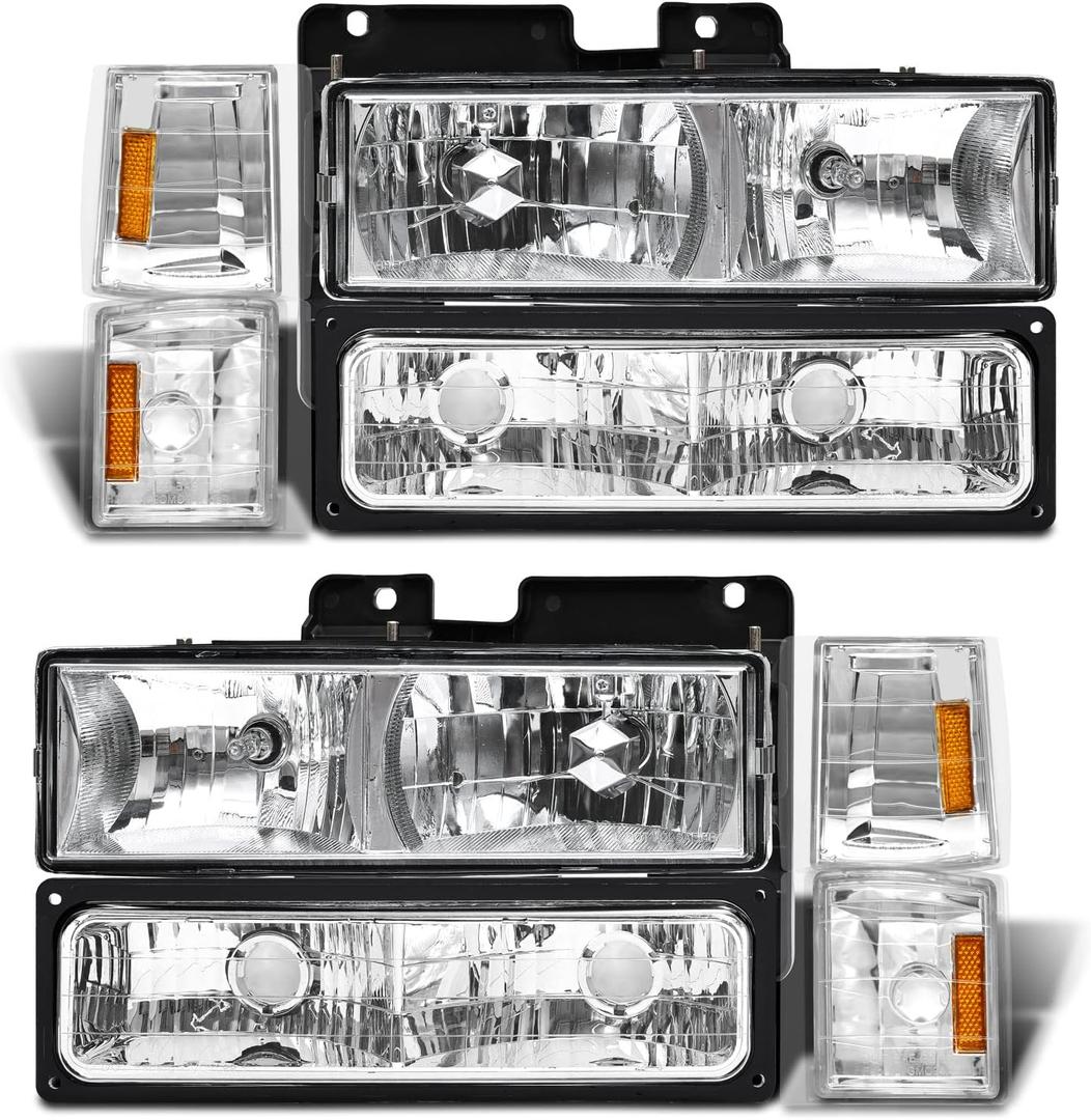 Headlight Assembly with Bumper & Corner Lights for 1994-1998 GMC C10 Sierra Suburban Yukon Chrome Housing Amber Reflector Left Right W/O Bulbs