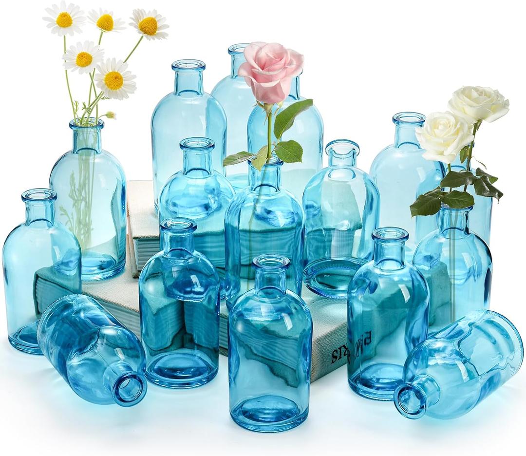 YOUEON 16 Pcs Blue Glass Bud Vases, 8 Oz Living Bud Vases, Small Vases for Flowers, Decorative Glass Bottles, Vintage Flower Vases for Table Centerpiece, Wedding Reception, Home Decor, Office