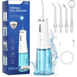 ZDMATHE Travel-Ready 300ML Cordless Water Flosser for Teeth  IPX7 Waterproof, 4 Pressure Modes & 2000mAh Battery for Deep Cleaning at Home or On-The-Go (Blue & White)