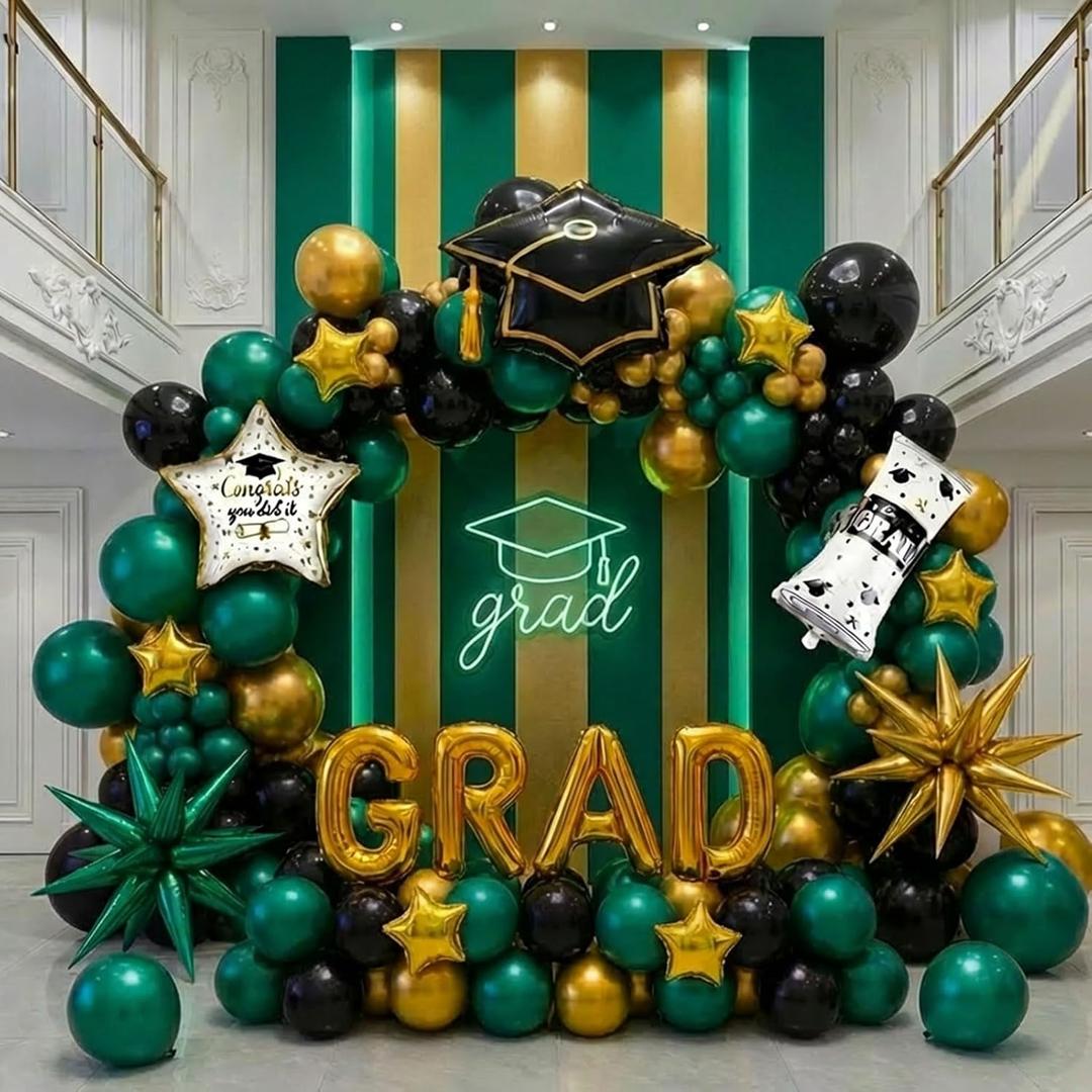 Green Black Gold Graduation Balloon Garland Arch Kit with Graduation Star print Certificate Letter Foil Balloons for Graduate Class of 2026 Grad Prom party Decorations Supplies