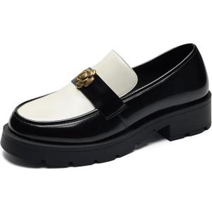 ToroToro Loafers for Women, Black & White Platform Chunky Slip-On for Business & Casual Wear, Comfortable Matte Leather Dress Shoes, 7, Black/White