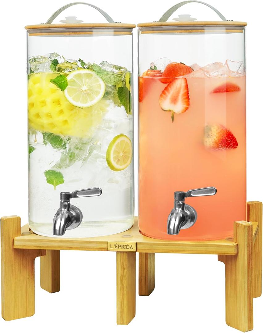 L'PICA 1.5 Gallon Drink Dispenser for Parties 2 PCS, Beverage Dispenser Set of 2, Glass Drink Dispensers with Wood Stand, Large Drink Dispenser with Stainless Steel Spigot 100% Leakproof, Wood Lid.