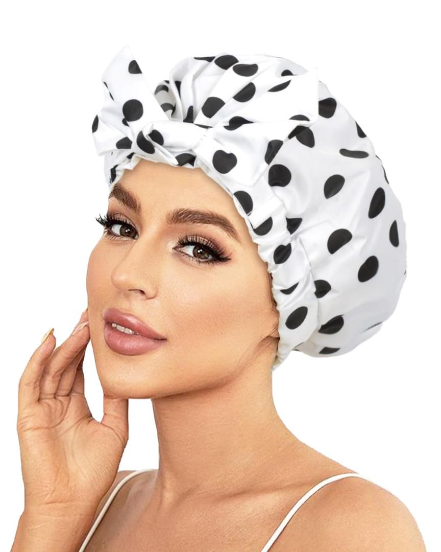 Shower Cap Luxury Shower Caps for Women Reusable Waterproof Hair Cap for Shower with Adjustable Bowknot Hair Bath Cap (White)