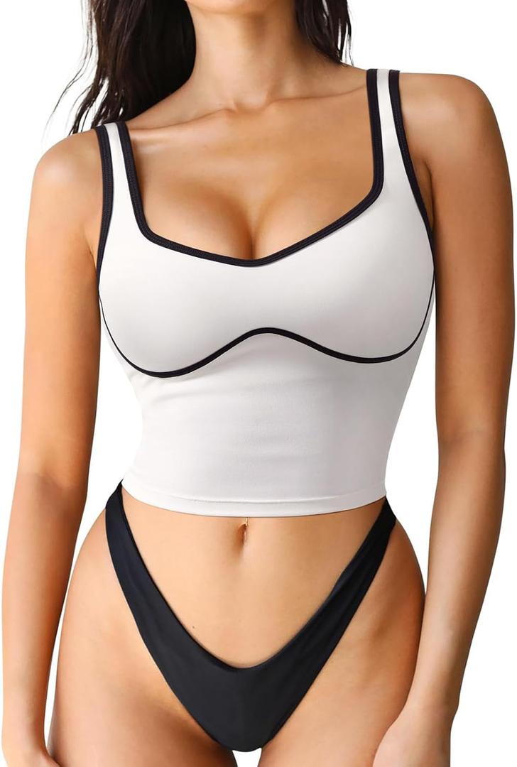 SUUKSESS Women Sweetheart Neckline Longline Sports Bra Padded Basic Workout Crop Tank Top (X-Small, White)