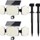 Solar Motion Sensor Outdoor Lights with Stakes, In-Ground or Wall Mount, 208 LED Super Bright IP65 Waterproof, 3 Heads 270 Wide Angle Solar Powered Security Flood Lights for Outside