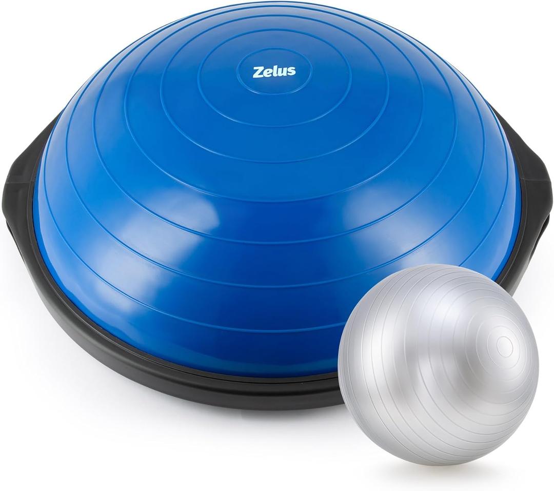 ZELUS 25in. Balance Ball | 660lb Inflatable Half Exercise Ball Wobble Board Balance Trainer w Nonslip Base | Half Yoga Ball Strength Training Equipment w 2 Bands, Pump, Extra Ball Included (Blue)