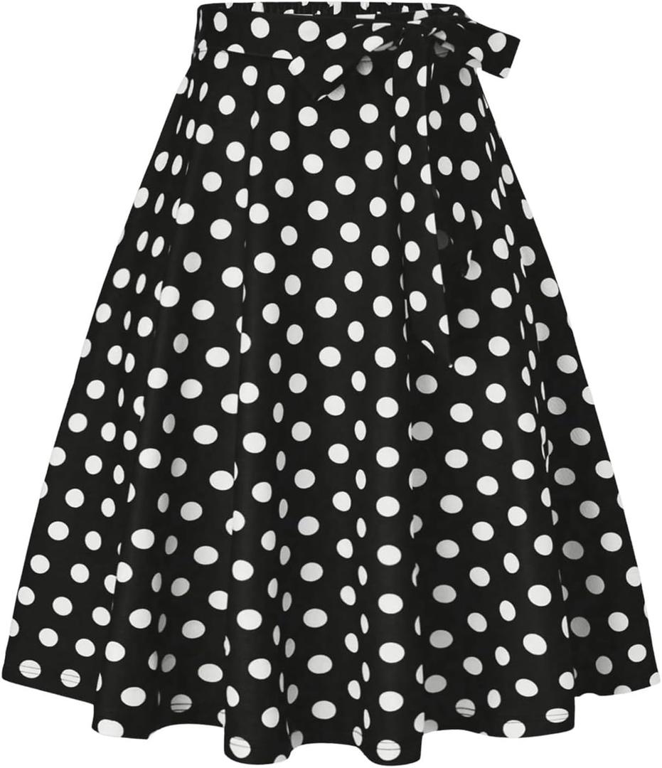 Milumia Women's Polka Dots High Waist A Line Flared Midi Skirt Casual Belted Skirts Black Large