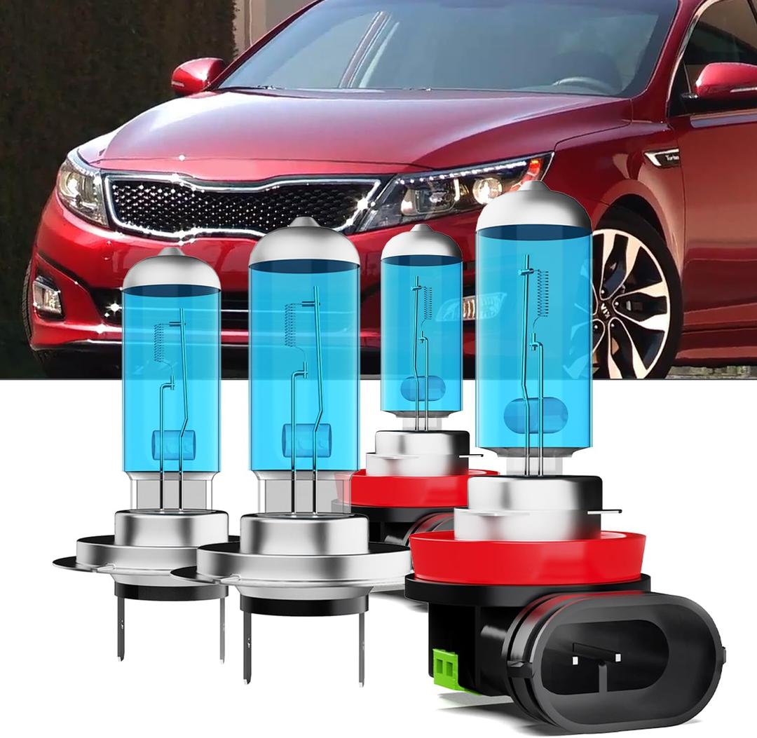 Upgraded Halogen Headlight Bulbs Fit For Kia Optima 2014-2015,H7 High Beam H11/H8/H9 Low Beam High Performance Headlights,6000K White,Plug n Play,4-Pack