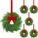 Hotop 6 Set Mini Christmas Wreath for Cabinet Kitchen Windows Decors Bulk with Red Bow Small Artificial Norfolk Farmhouse Wreaths with Berry Pine Cone for Fireplace Front Door Porch Wall Hanging