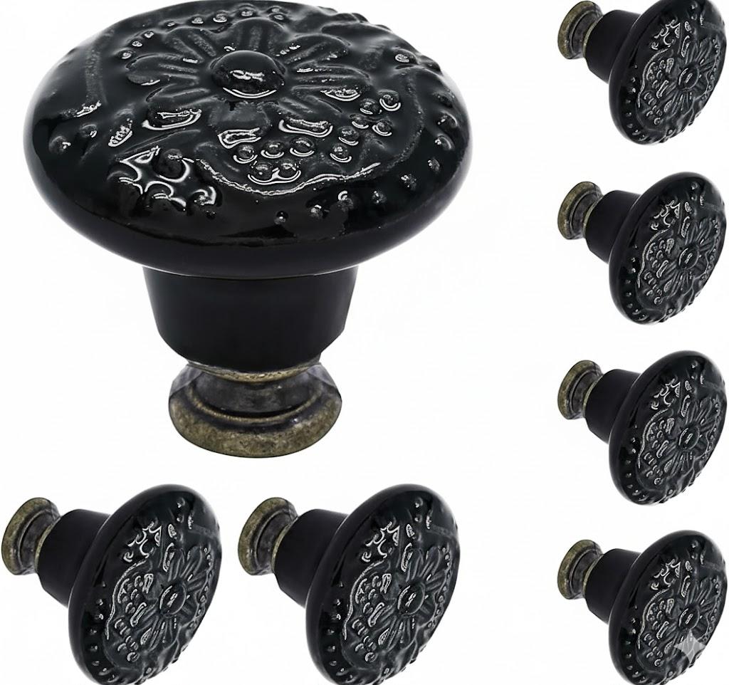 Biaungdo 7 Pcs Black Ceramic Vintage Round Drawer Knobs - Retro Ceramic Dresser Knobs and Pulls for Cabinet, Drawer, Cupboard