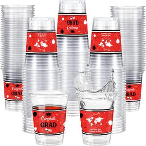 Qinyoung 100 Pcs Red Graduation Cups 12 oz Thick Plastic Class of 2026 Graduates Party Cups Clear Disposable Tableware for High College School Congrats Grad Party Supplies & Decorations