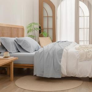 BESTOUCH Sheet Set 100% Washed Cotton Linen Feel Super Soft Comfortable Chic Lightweight 4 Pcs Home Bedding Set Solid Cornflower Blue Twin 