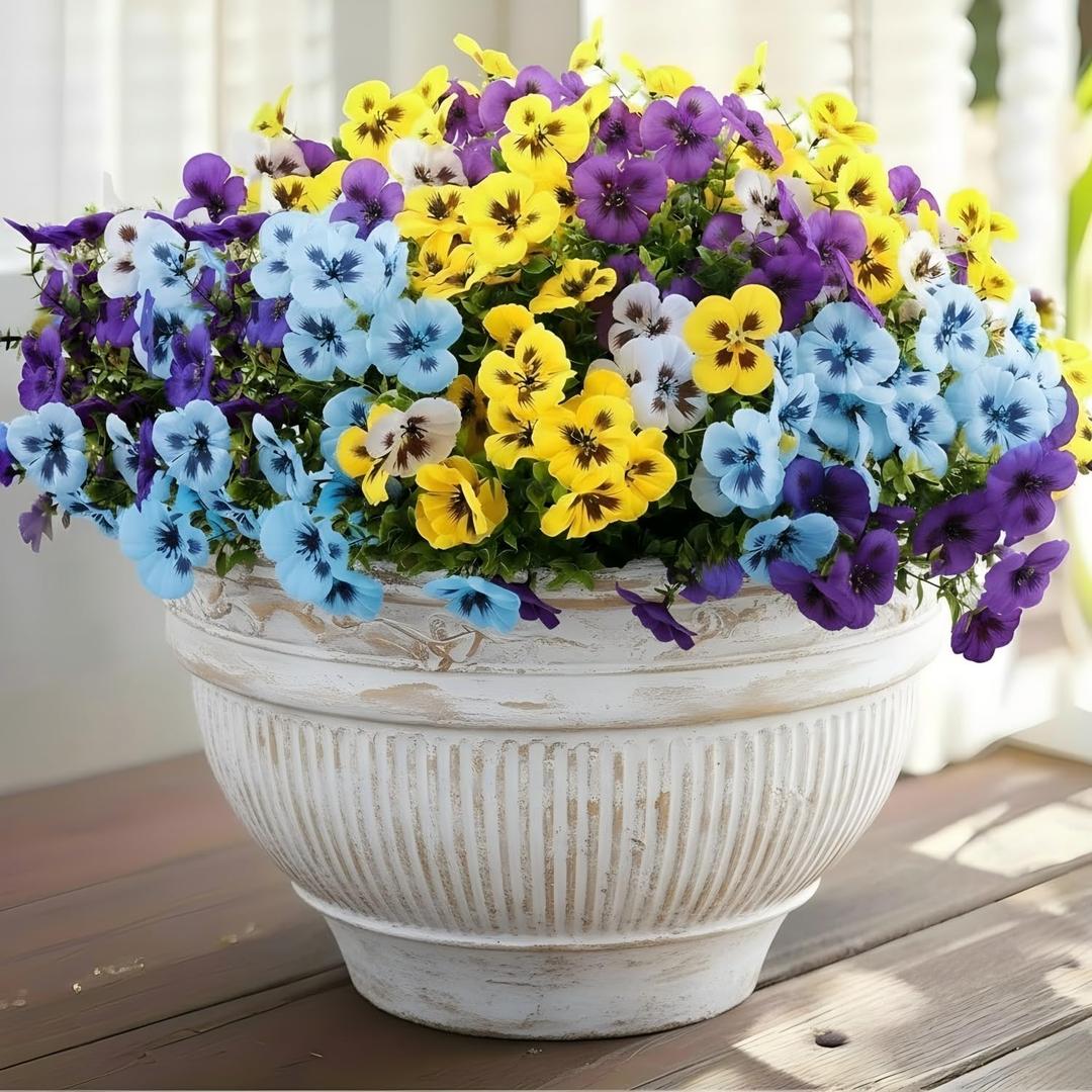 40 Bundles Artificial Fake Pansy Flowers for Outdoor Faux Silk Pansies Flowers for Outside Planter Porch Yard Patio Window Box Summer Decor(White, Yellow, Blue, Purple)