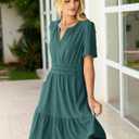 Simplee Womens 2026 Summer Mini Dress Eyelet Short Sleeve Cocktail Short Dresses Cute A Line Sun Dress with Pockets (Green, L)