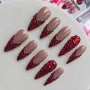 French Stiletto Press on Nails Nude Base Red Rhinestone Decor Glamorous for Prom and Party Birthday Gift for Women M Size 1132HD