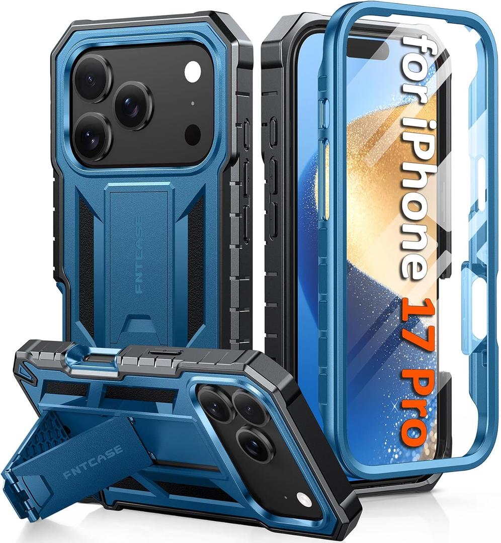 FNTCASE for iPhone 17 Pro Case: Military Grade Drop Proof Protection Mobile Cover with Kickstand | Matte Textured Rugged Shockproof TPU | Protective Sturdy iPhone 17 Pro Phone Cases 2025 - Blue