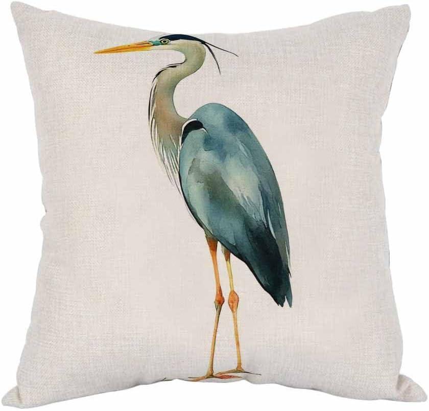 Moslion Heron Pillow,Home Decorative Throw Pillow Cover Watercolor Blue Heron Cotton Linen Cushion for Couch/Sofa/Bedroom/Livingroom/Kitchen/Car 18 x 18 inch Square Pillow case