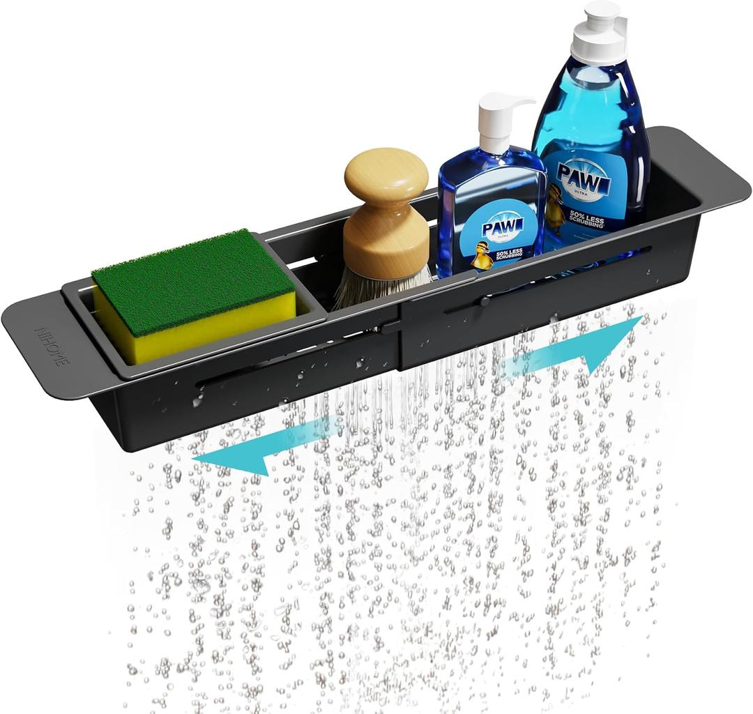 NiHome Extendable Over Sink Kitchen Organizer, Small Telescopic Brush Storage Rack for Sponge, Non-Slip Pads Expandable Sink Caddy, Adjustable Sponge/Brush Rack with Drainage Durable ABS (Black)