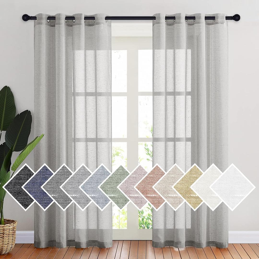 NICETOWN Sheer Linen Bedroom Window Curtains 84 inches Length, Grommet Privacy Semitransparent Light Filtering Flax Sheer Window Treatment for Living Room, Grey, W52 by L84, 1 Pair