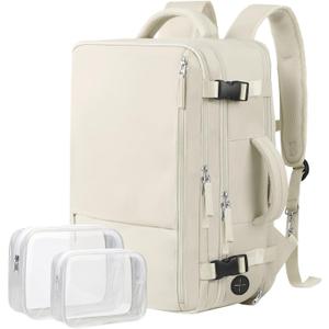 Hanples Travel Backpack for Women Men Large Carry On Person Item Flight Approved 17 In Laptop Backpack Waterproof anti theft Casual Luggage with 2 Toiletry Bag(Beige)