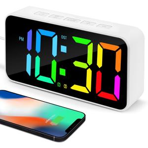 Digital Alarm Clocks for Bedrooms, Plug in Large Numbers NightLight 12/24Hr DST and Snooze, Loud Dual Alarm Digital Clock for Heavy Sleepers Adults Teens with USB Charger(White+RGB)