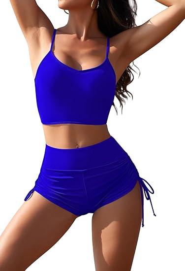 Pink Queen Women Two Piece Swimsuit High Waisted Full Coverage Drawstring Ruched Shorts Bathing Suits Bikini Sets, Size S