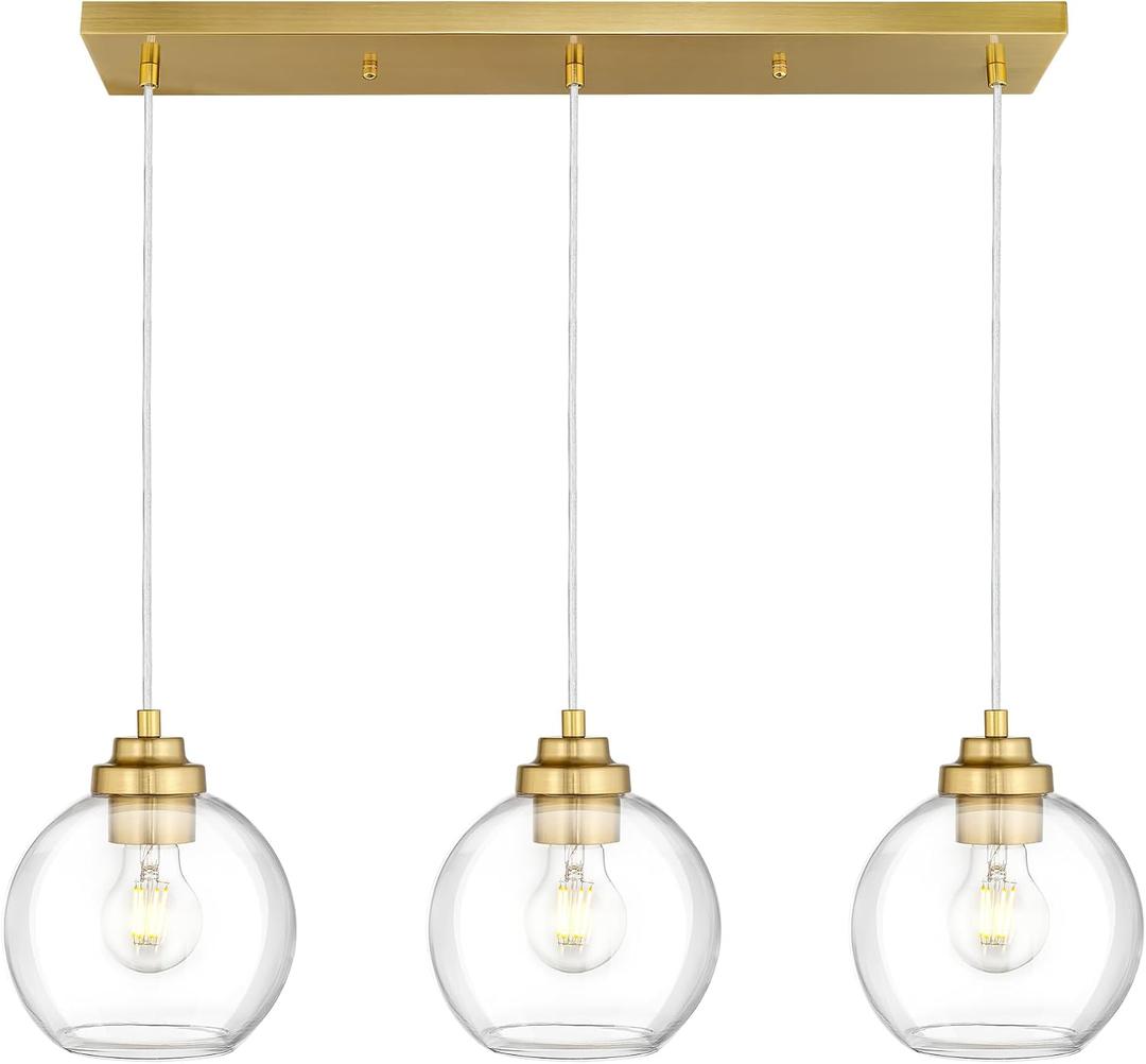 8-Inch Gold Kitchen Island Light,Clear Globe Glass,3-Light,BG-3S