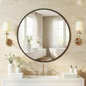 NEWBULIG 20 Inch Round Wall Mirror, Bathroom Mirrors for Over Sink, Matte Metal Framed Circle Vanity Mirror, Wall Decor for Bedroom, Entryway, Anti-Rust, Tempered Glass, Hanging or Leaning, Black